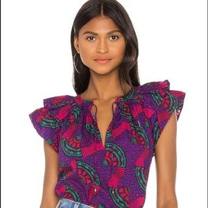 Ulla Johnson Elm Short‎ Sleeve Printed Cotton Poplin Blouse Violet Multi Size 2